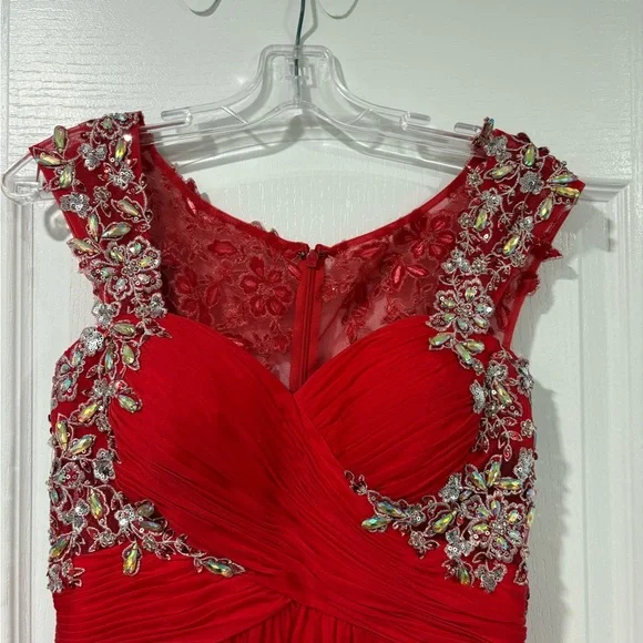 Red Embellished Ruched Long Prom Gown - Picture 2 of 5